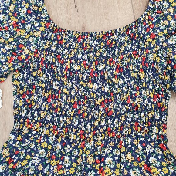 NWT AUW Womens Dress Size M Floral Blue Smocked Puff Sleeve Cottage Ballet Mini - Picture 3 of 14